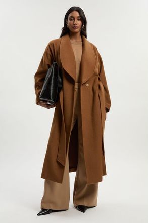 Karen Millen Brushed Wool Wrap Tailored Maxi Coat in Camel at Nordstrom, Size 10