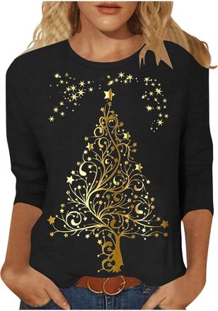 Generic Christmas Tops for Women Sparkly Gold Christmas Tree Print Graphics Three Quarter Sleeve Xmas Top Fall Winter Casual Crew Neck Pullover Tunic Top Wome