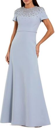 Mac Duggal Short Sleeve Beaded High Neck Crepe Gown in Powder Blue at Nordstrom, Size 14