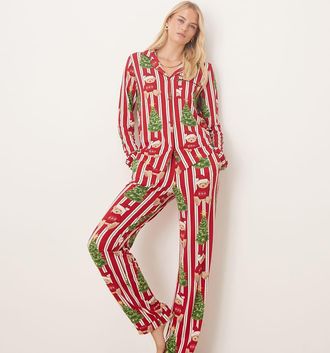 Chelsea Peers Pigiama in poliestere con stampa natalizia a righe con orsetti con top a maniche lunghe con rever-Rosso