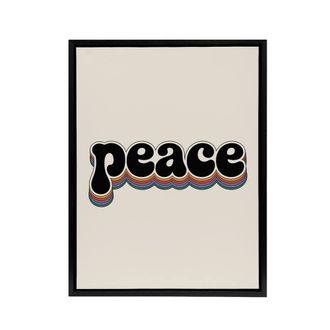 Artery8 Peace Colourful Retro Rainbow Font Typography Framed Canvas Art Print in Beige | Size: W24 x H32