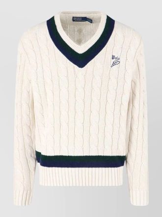 Polo Ralph Lauren cable knit v neck sweater contrast stripes
