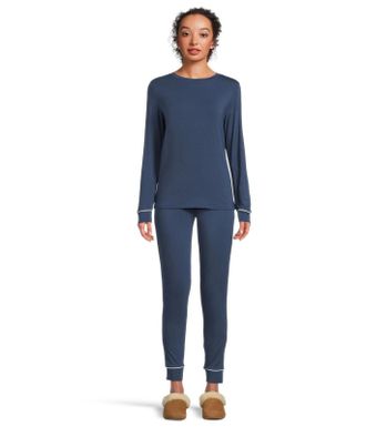 Eberjey Gisele Pajama Set Womens Navy Stretch Crew Neck Long Sleeve FROG847