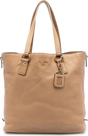 Prada Pre-owned Womens Vitello Daino Side Zip Shopper Tote - Tan Leather - One Size
