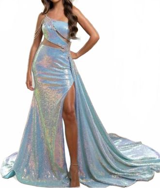 Rachel Allan One-Shoulder Iridescent Shimmer Sequin Prom Gown In Powder Blue Iridescent