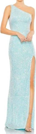Mac Duggal Sequined One Shoulder Draped Gown In Ice Blue