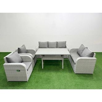 Fimous Pe Rattan Garden Furniture Set Reclining Chair Sofa Double Love Seat 2 Seater Sofa Lounge Set Rectangular Dining Table Big Footstool Side Table Light