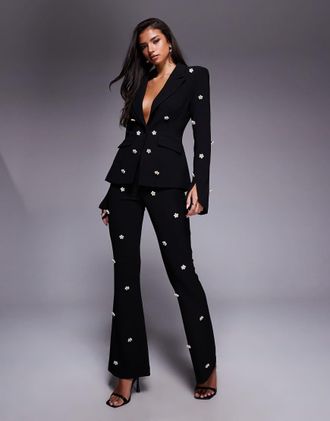 Asos Pantaloni a zampa neri con decorazioni in coordinato-Nero