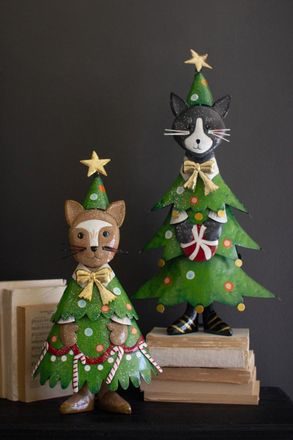 Kalalou Set Of Two Painted Metal Cat Christmas Trees