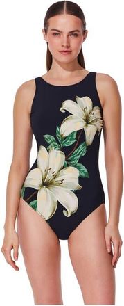 Gottex Yuri Flower Post Mastectomy High Neck One Piece in Black-Cream at Nordstrom, Size 10