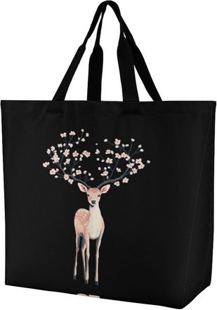 Generic Deer with Antlers Cherries Flowers Reusable Shopping Bags Large Capacity Grocery Bag Heavy Duty Tote for Women 40x40x16cm