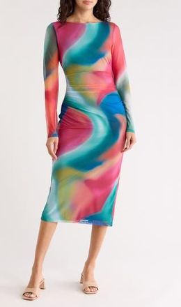 Vince Camuto Long Sleeve Ruched Mesh Body-Con Dress in Pink Multi at Nordstrom Rack, Size 10