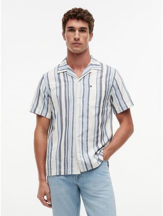 Tommy Hilfiger Mens Regular Fit Open Weave Camp Shirt - Carbon Navy / Stripe - XXL