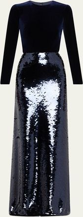 Monique Lhuillier Velvet Long-Sleeve Gown With Sequined Skirt