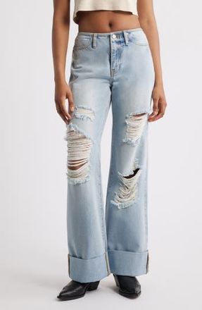 PTCL Elowen Distressed Cuffed Wide Leg Jeans in Light Wash at Nordstrom Rack, Size 28
