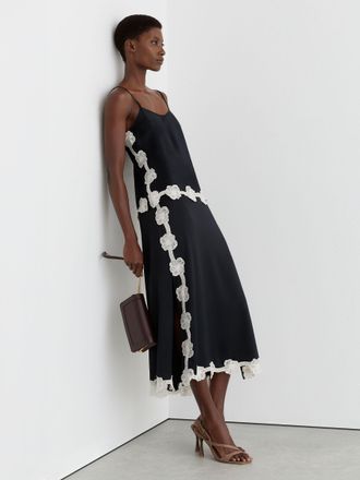 Reiss Navy Satin Floral-lace Trim Cami Top, 12