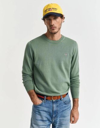 GANT Mens GANT Classic Cotton Crew Neck Jumper, Kalamata Green - Size: 40
