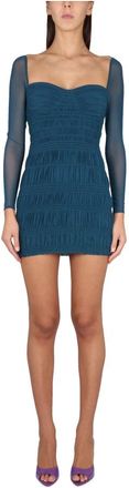 Self Portrait Shirred Powermesh Mini Dress - Dames - Korte kleedjes - Blauw - XS - Polyester - Kleedjes