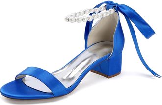 Generic Wedding Pearls Block Heels Sandals Open Toe Ankle Strap Bridal Evening Party Summer Satin Low Heel Shoes 4.5Cm,Royal Blue,10 UK