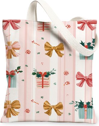 Generic Christmas Gift Canvas Tote Bags, Holiday Bow Pattern Reusable Grocery Bags, Vintage Floral Lightweight Washable Shoulder St, Peach, 13x15 Inch