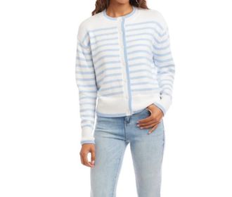 Karen Kane Long Sleeve Stripe Cardigan Sweater - Petite In Blue With Off White