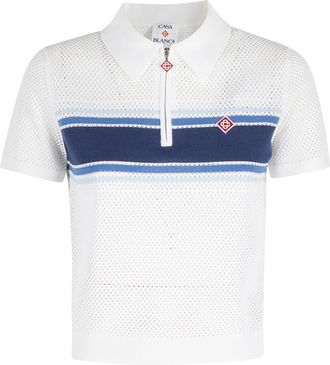 Casablanca White Mesh Stripe Zip-Collar Cotton Polo Shirt