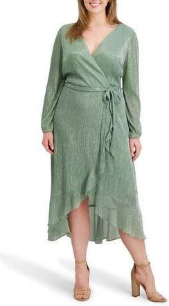 Kensie Ruffled Metallic Long Sleeve High-Low Maxi Dress in Sage at Nordstrom Rack, Size 2X