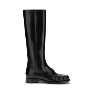 Prada Schoenen, Dames, Zwart, 37 1/2 EU, Leer, Bos Taurus Flat Boots