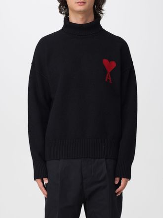 Ami Wool Turtleneck Jumper with Jacquard Logo and Dropped Shoulders