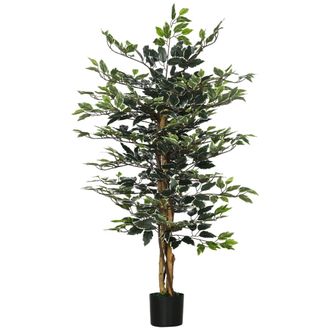 HOMCOM Artificial Ficus Tree in Pot - 130cm Tall Fake Plant with Lifelike Leaves and Natural Trunks - for Indoor Outdoor - Green | TJ Hughes Light Gr