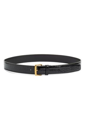 Saint Laurent Square Buckle Croc Embossed Leather Belt in Black at Nordstrom, Size 90
