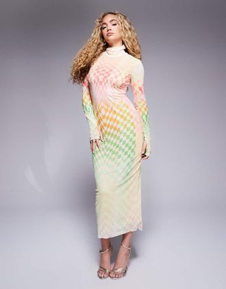 AFRM Shailene - Vestito midi accollato in tessuto a rete con stampa sfumata in colori pastello-Multicolore