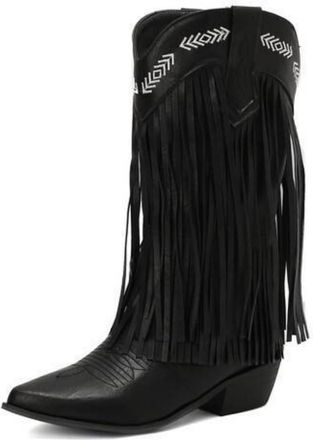 Generic Womens Chunky Heel Knee High Boots with Tassel Pointed Toe PU Leather Long Boots Pull on Cowgirl Boots with Embroidery Stitched,Black,6.5 UK