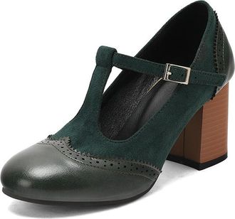 Generic Womens T-Strap Buckle Mary Janes Block Mid Heels Vintage Brogues Pumps Comfort Round Toe Wedding Uniform Casual Shoes (5.5,Green)