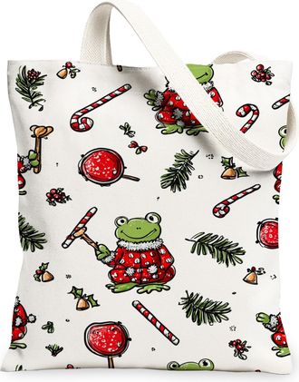 Generic Festive Amphibian Canvas Tote Bags, Fanciful Holiday Animal Pattern Reusable Grocery Bags, Lightweight Washable Shoulder St, White, 13x15 Inch