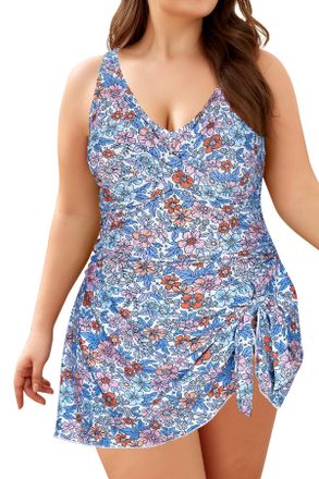 SHEKINI Womens One Piece Swimsuit Plus Size Skirted Swimwear Padded V Neck Cross Front Sexy Tummy Control Tie Side Adjustable Ruched Swim Dress with Shorts Sw