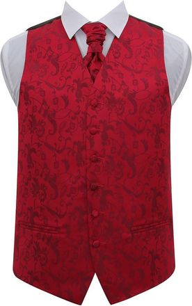 DQT Woven Floral Passion Wedding Waistcoat & Scrunchie Cravat Set for Men - Burgundy 42-XL