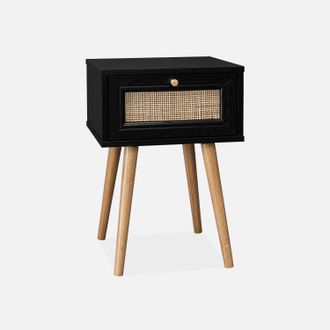 Sweeek Sweeek - Mesita De Noche Con Efecto Madera Y Ca&ntilde;a, 1 Caj&oacute;n, Boheme, Negro, 39x39x55.4 Cm