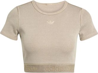 adidas logo-embroidered T-shirt - women - Cotton/Elastane - L - Neutrals