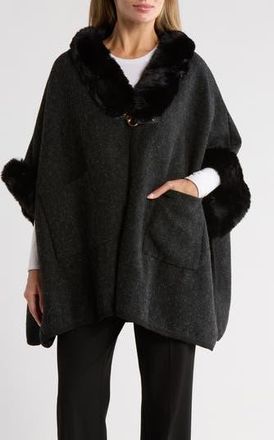 Nanette Lepore Faux Fur Trim Ruana in Black at Nordstrom Rack