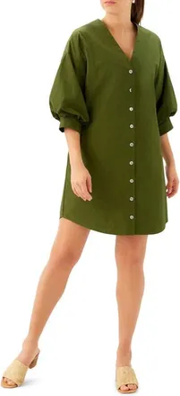 Karen Kane Puff Sleeve Pearly Button Dress in Olive at Nordstrom, Size X-Large