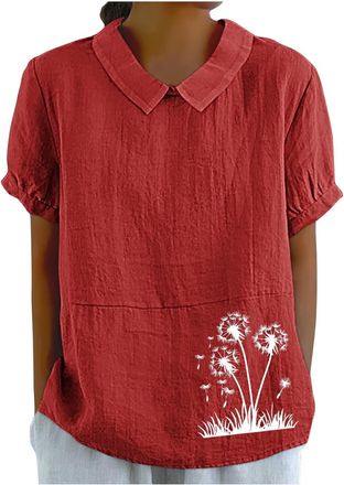 Generic Linen Shirts for Women UK Summer Lightweight Short Sleeve Tshirts Cute Collared Tops Boho Casual Blouses
