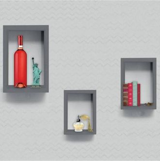 Trade Shop Trade Shop - Set 3 Estanterias De Pared Dise&ntilde;o Moderno Cubo Rectangular Madera Gris