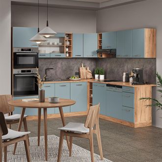 Vicco Cocina Esquinera R-line, Roble Azul-gris-dorado, 237 X 60 Cm Sin Encimera