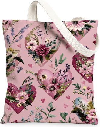 Generic Heart Floral Canvas Tote Bags, Elegant Flower Print Reusable Grocery Bags, Spring Lightweight Washable Shoulder Strap, Peach, 13x15 Inch