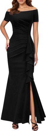 Generic 2025 Dresses Womens Off Shoulder Long of The Bride Dresses Long Satin Ruched Evening Formal Dress with Slit PU173 (Black, XL)