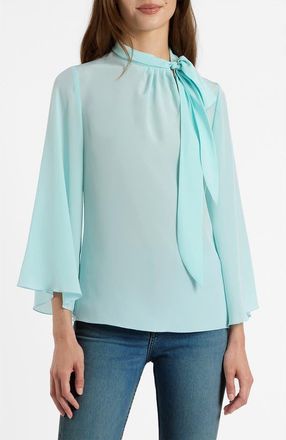 Santorelli Lena Tie Neck Blouse in Silk Crepe De Chine in Sky Blue at Nordstrom, Size 4