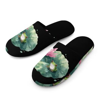 Generic Watercolor Frogs Lotusflower Mens House Slippers Slip Indoor Slipper On Shoes Warm Outdoor