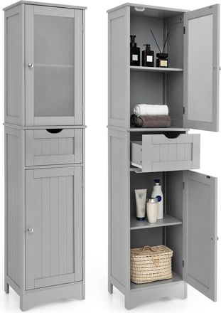 Costway Costway Armario Alto De Ba&ntilde;o Con 2 Puertas Y 1 Caj&oacute;n, Armario Independiente Con Estantes Ajustables Y Puerta De Vidrio Esmerilado, Mueble Columna De B