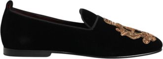 Dolce & Gabbana Black Velvet Gold Crown Mens Loafers Mens Shoes